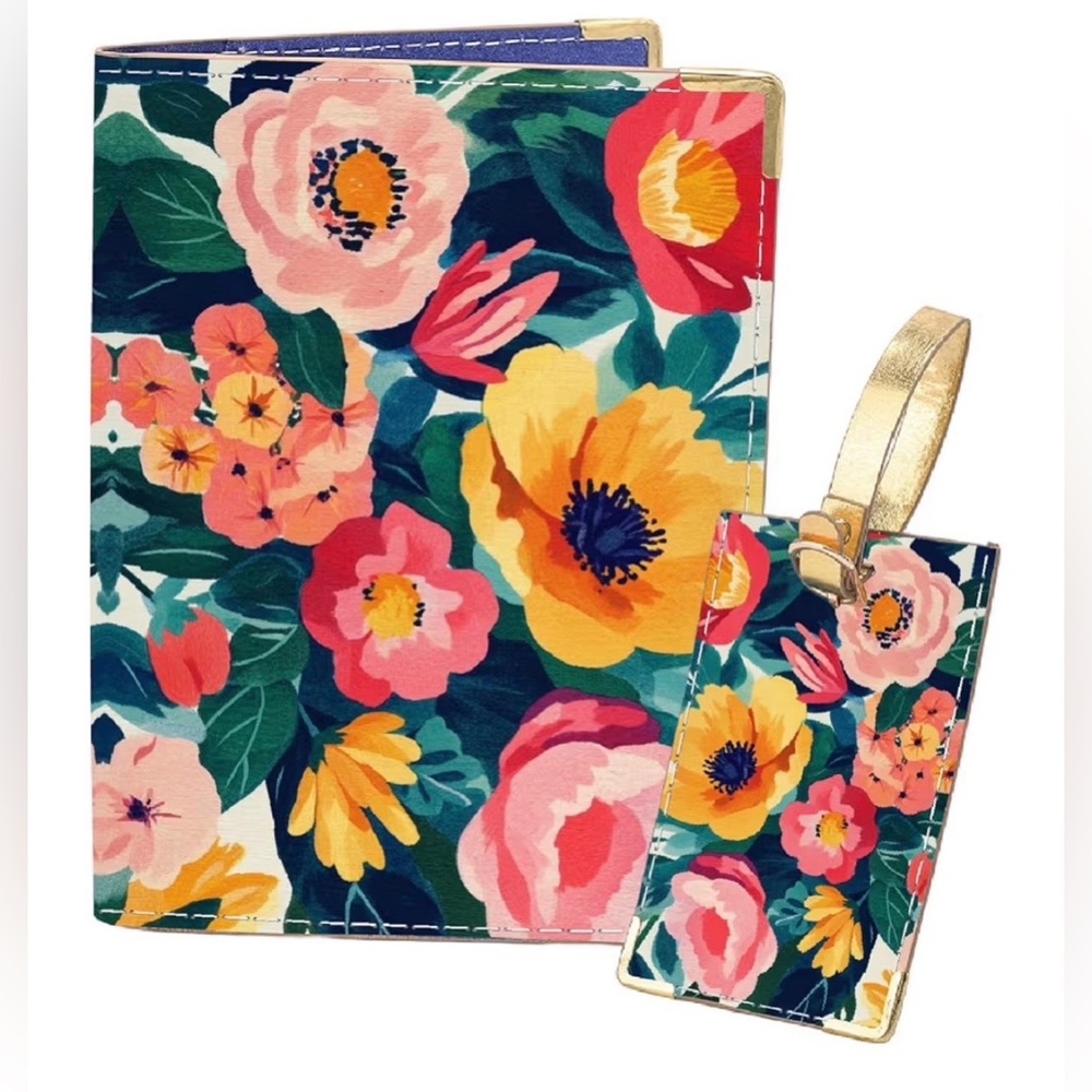 NWOT Floral Watercolor Passport Holder & Luggage Tag-Faux Leather